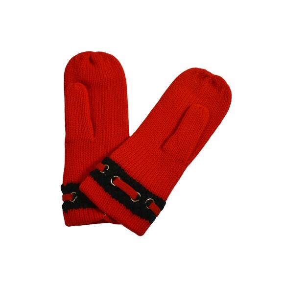 80s Red & Black 100% Acrylic Knit Silver Grommets Women's Mittens Made in Japan - Picture 4 of 7